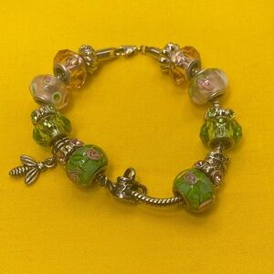 Slide Charm Bracelet with Pink and Green Charms Garden Theme